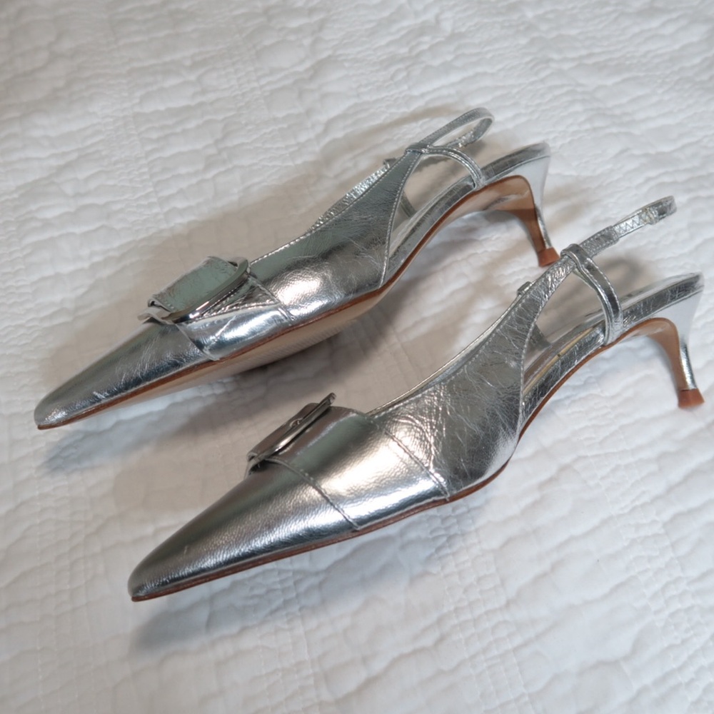ZARA Silver Metallic Kitten Heel Shoes 39 - Picture 11 of 12
